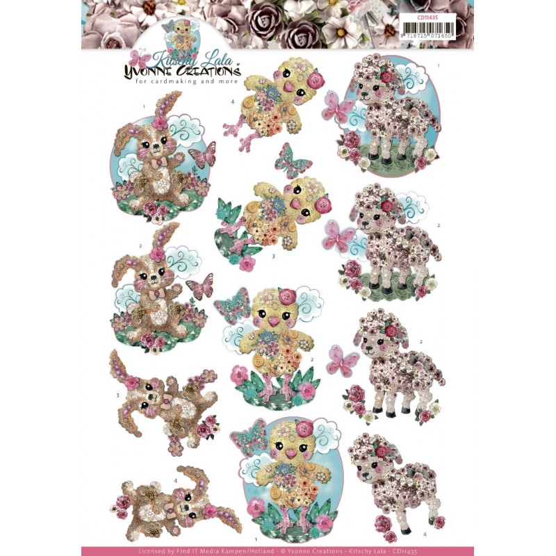 Kitschy Baby Animals - Kitschy Lala Floral Pink - 3D-Knipvel van Yvonne Creations - Card Deco Color