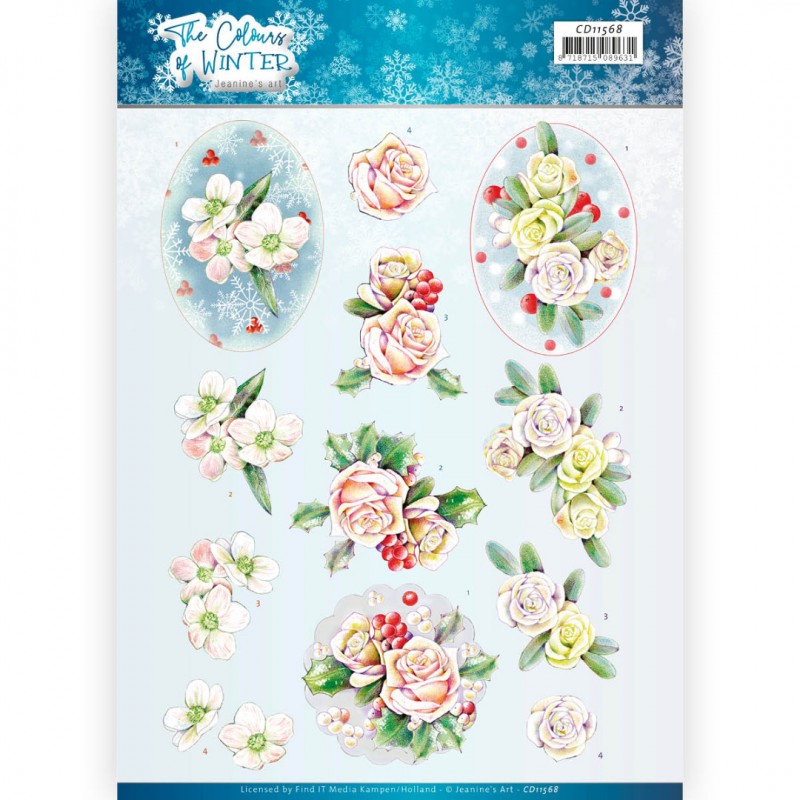 Pink Winter Flowers The Colours of Winter 3D cutting sheet by Jeanine's Art