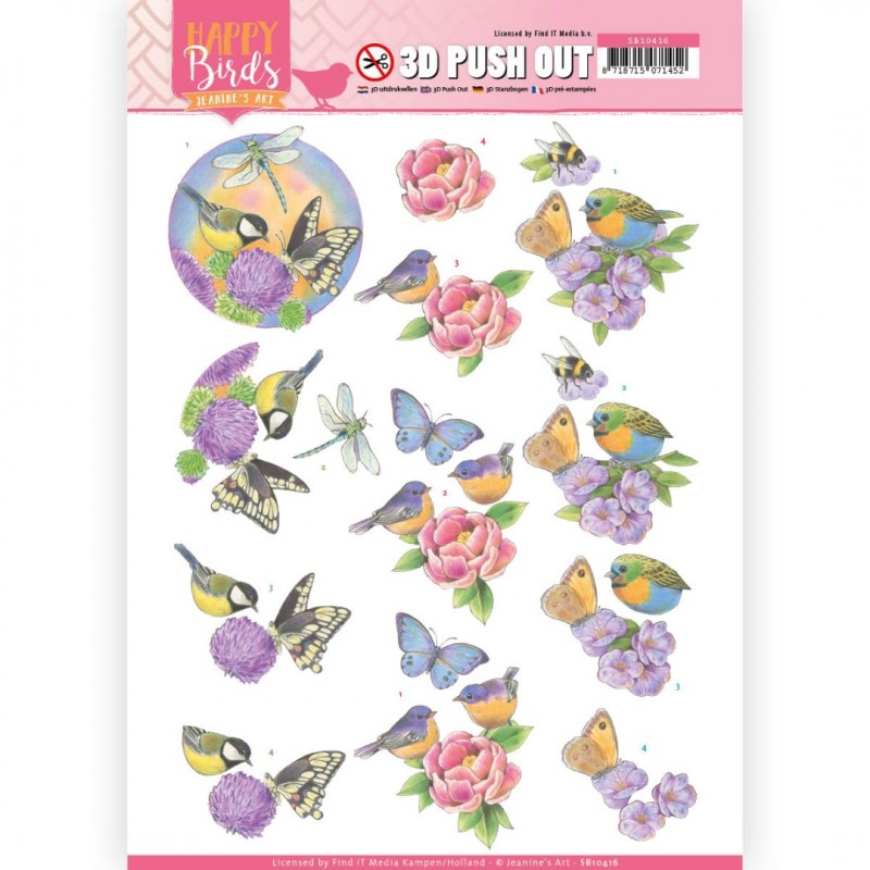 Fragrant flowers Happy Birds 3D-Push-Out Sheet van Jeanine's Art
