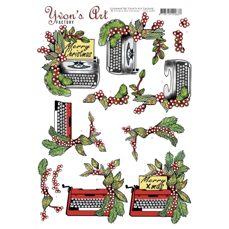 3D Cutting Sheet - Yvon's Art - Christmas Typewriter