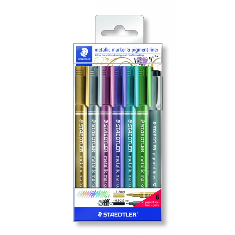 metallic marker - set 6 kleuren + pigment liner