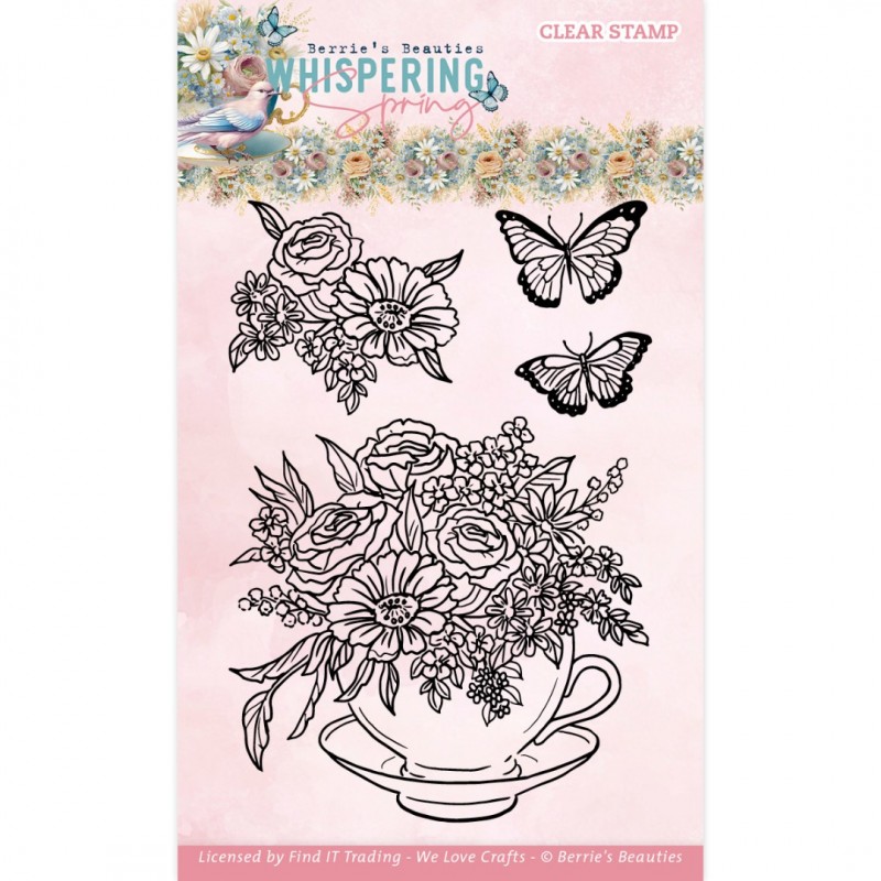 Clear Stamps - Berries Beauties  Beautés des baies, tampon, fleurs, papillon, tasse à thé.
